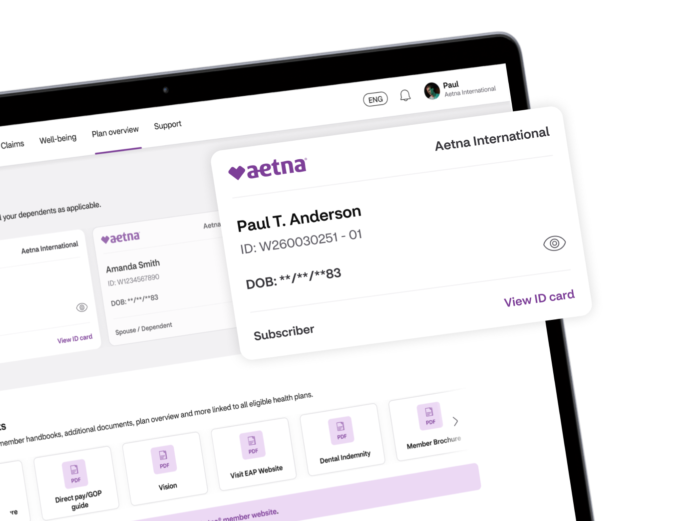 An Aetna ID card stands out from the member website on a laptop screen.