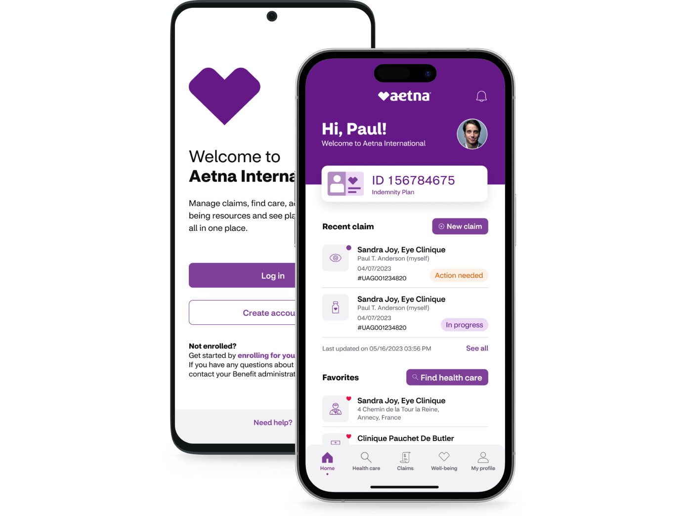 Two smartphones side by side showing screenshots of the Aetna International mobile app. 