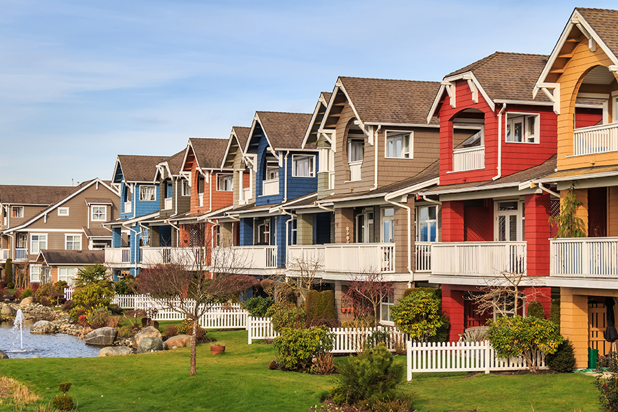 Colorful townhomes overlooking lake