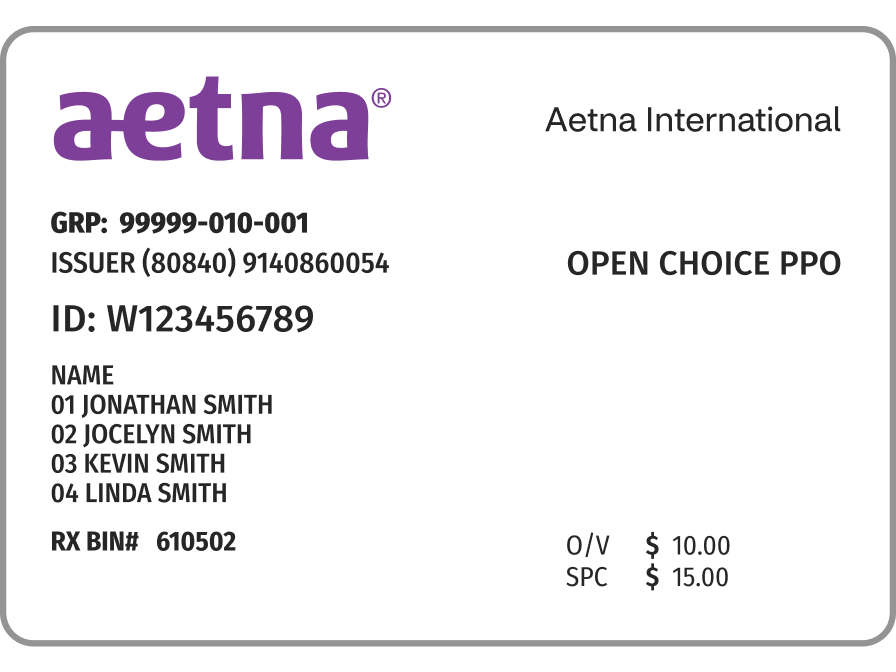 Aetna International (Americas) ID card sample, showing plan details and member names.